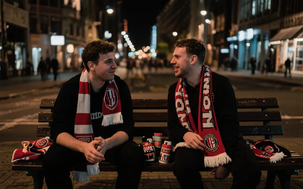 北美城市夜晚的球迷在街边长椅聊天，手持围巾与小纪念品，电影感纪实摄影