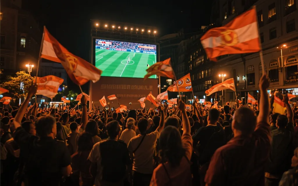 球迷在夜晚街区与广场大屏前观赛欢呼的场景