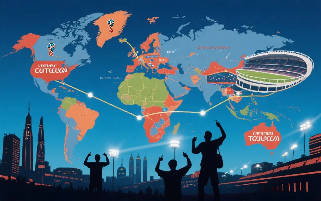 多城市承办下的世界杯旅途：地图连线、球迷与球场灯光，体现主场与奔波的双重影响